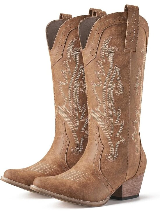 Shoes - Women's Brown 1 Comfortable Western Boots Synthetic With Pointed Toe Stitched